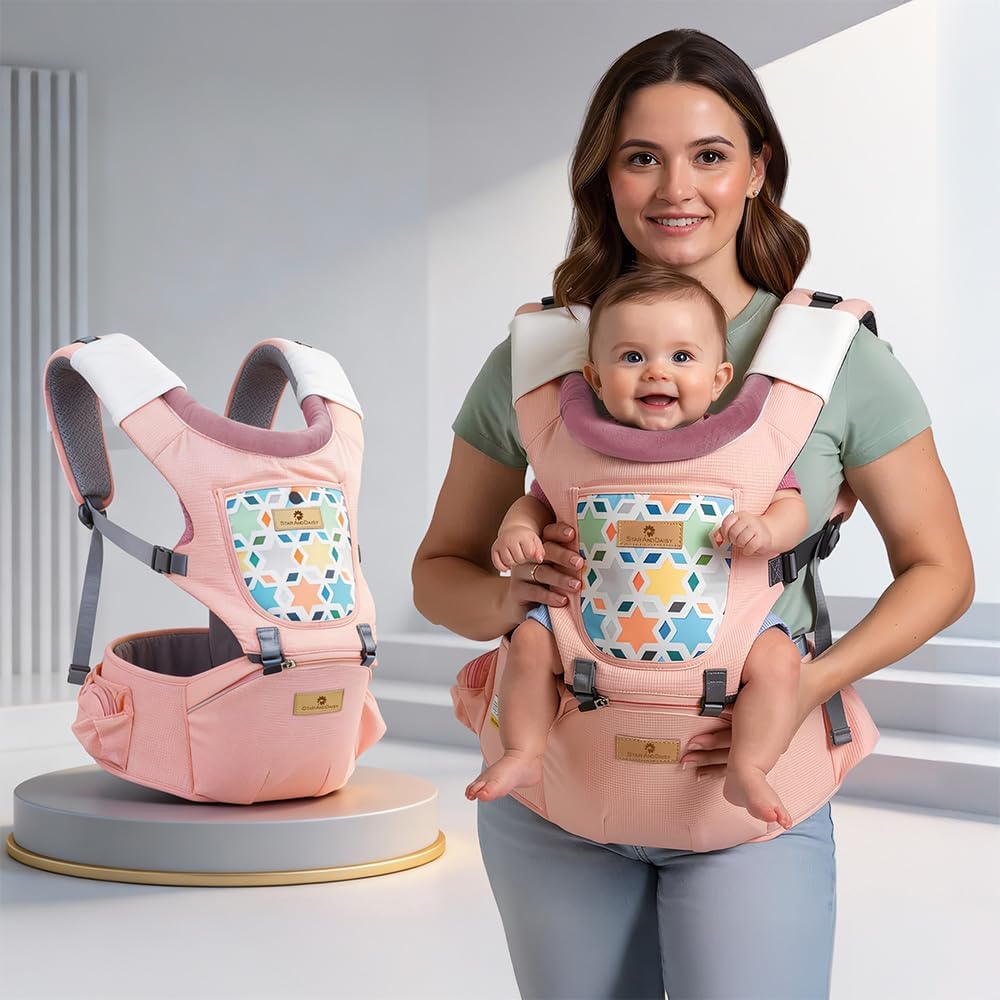 StarAndDaisy 4-in-1 Baby Carrier for 0 to 3 Year Baby/Kangaroo Bag with Comfortable Soft Hip Seat/Baby Carrier - 4 Carrying Positions with 2 Storage Pockets - Blue (4-in-1 Pink)