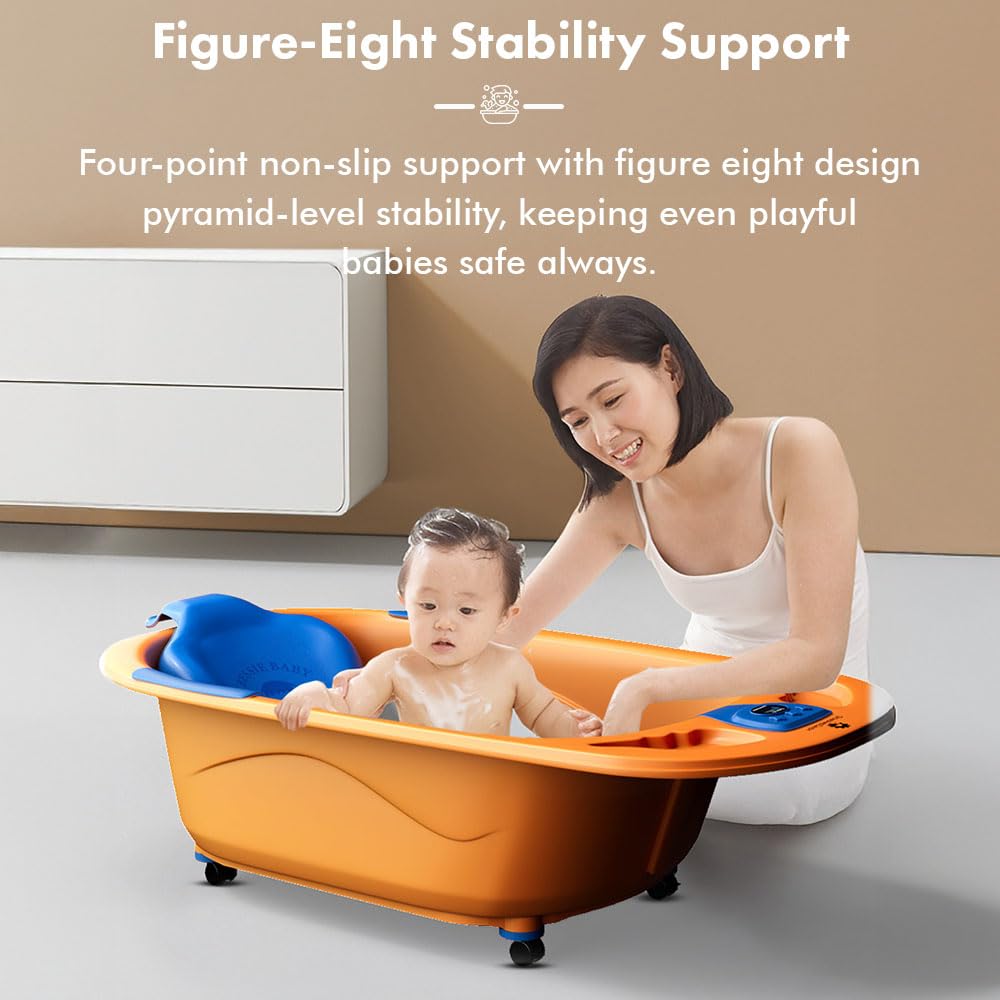 StarAndDaisy Baby Bath Tub for 0 to 5 Years/Bath Tub for Kids 0-3 Years/Infants Bathtub with Temperature Censor & Baby Bath Seat/Sling, Antislip Baby Bath Tub with Bath Chair (Orange-Blue)