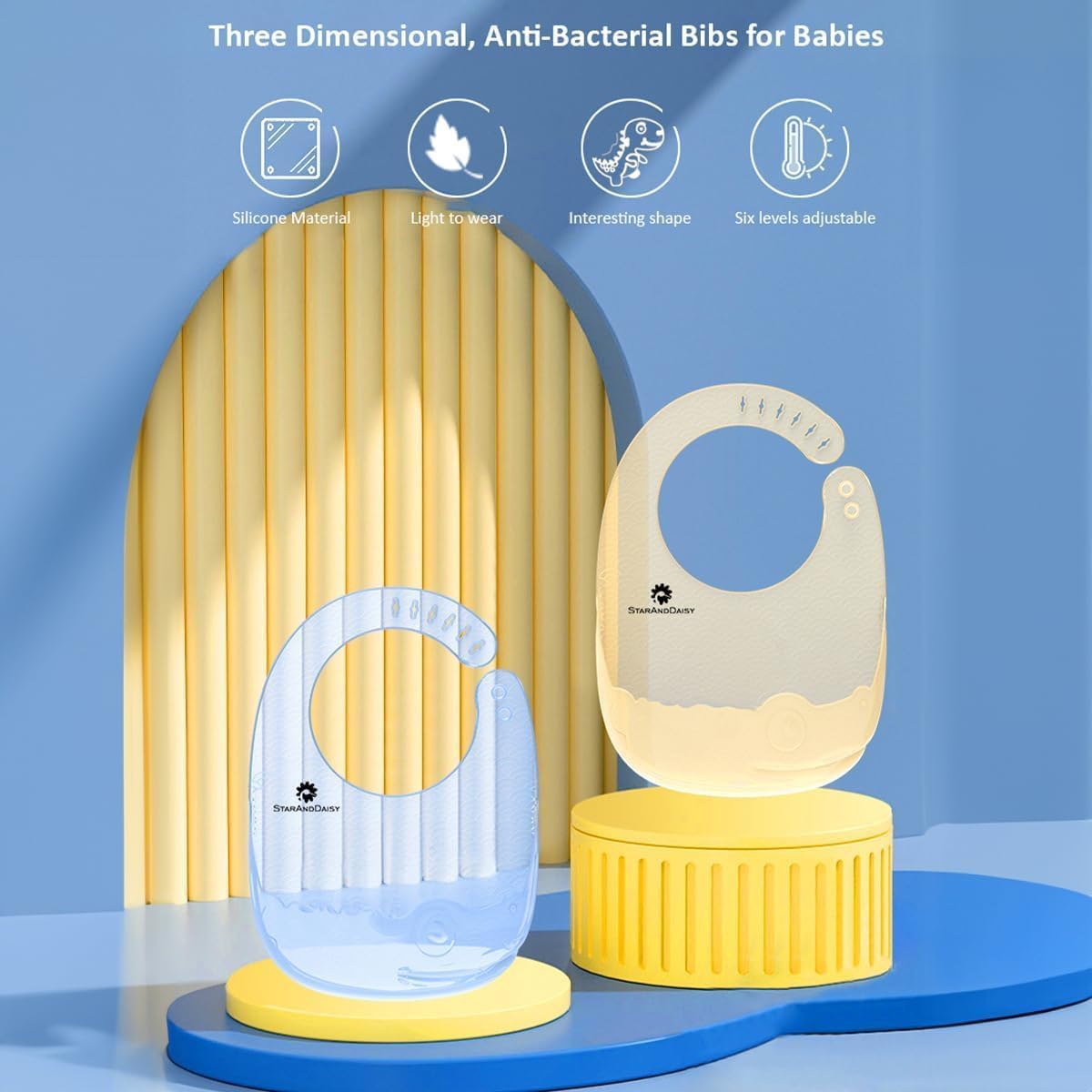 StarAndDaisy Reusable Silicone Baby Bib with Adjustable Buttons for Mess-Free Feeding, Weaning, and Easy Cleaning and Waterproof. (Pack of 2-Printed Yellow&Blue)