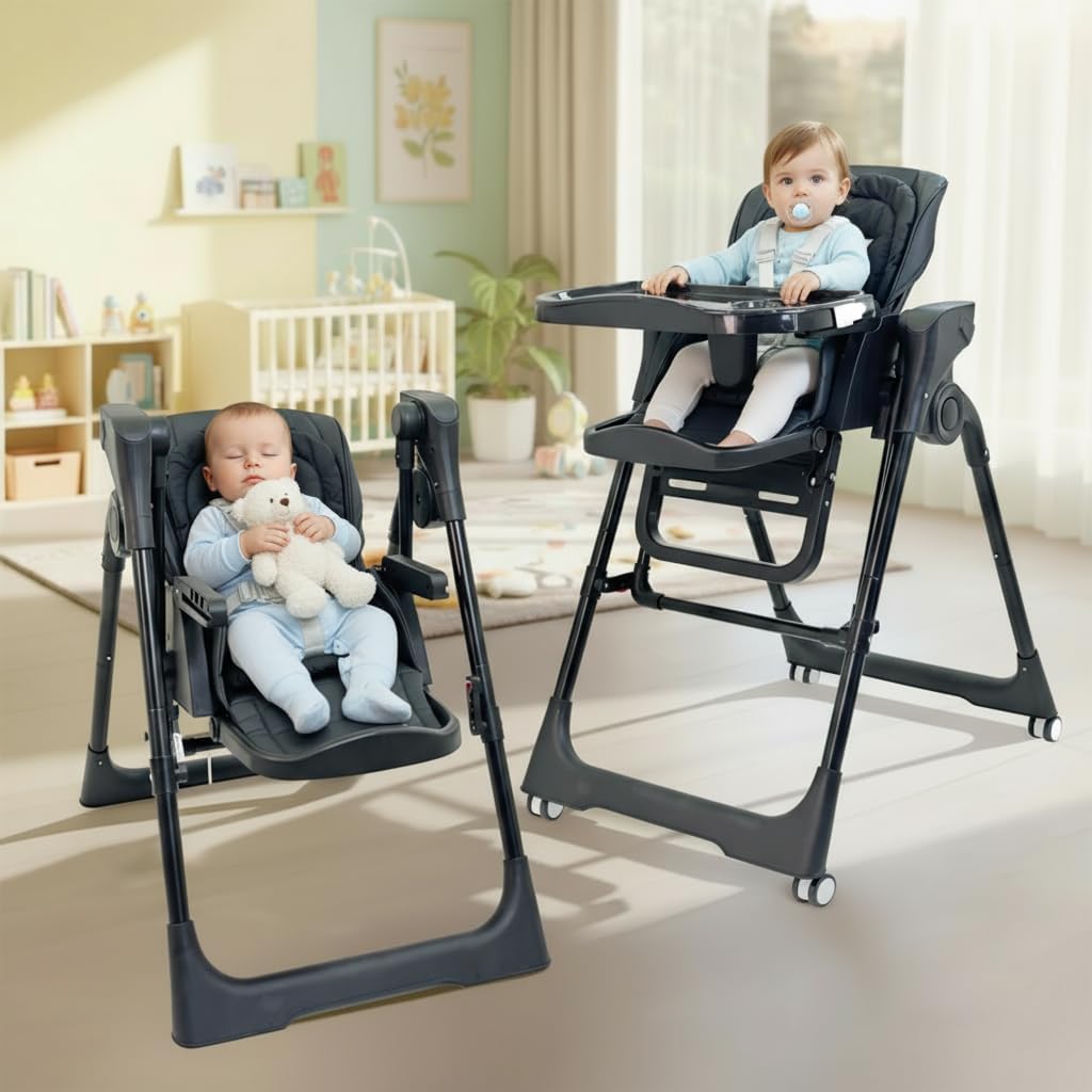 StarAndDaisy 2-in-1 Baby High Chair for Boy & Girl with Automatic Swing Cradle, Foldable Feeding Chair, Removable Dining Tray, Adjustable Backrest & Footrest for Infants & Toddler-Black