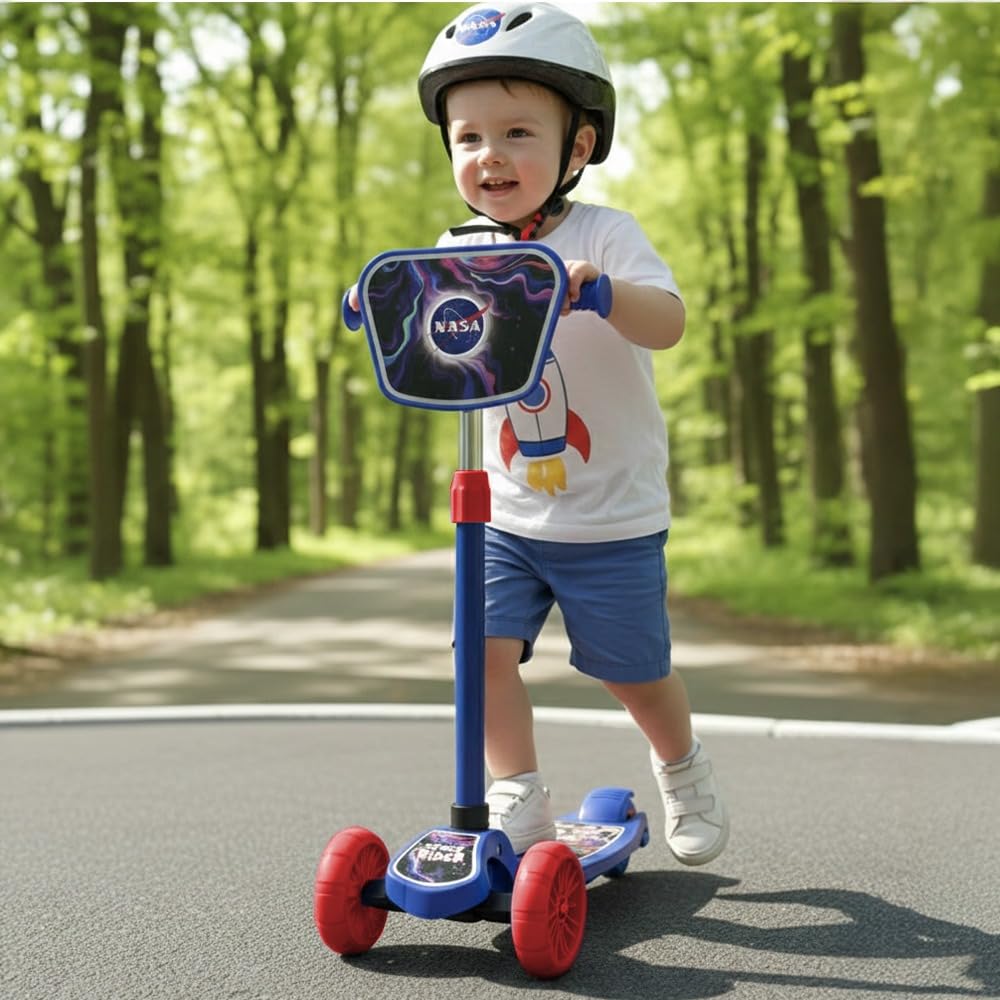StarAndDaisy X NASA Kick Scooter for Kids 3+ Years, Foldable Skate Scooter for Children Girls & Boys with Multi-Level Height Adjustment, LED Wheels & Brakes -(Officially Licensed) (Red-Blue)