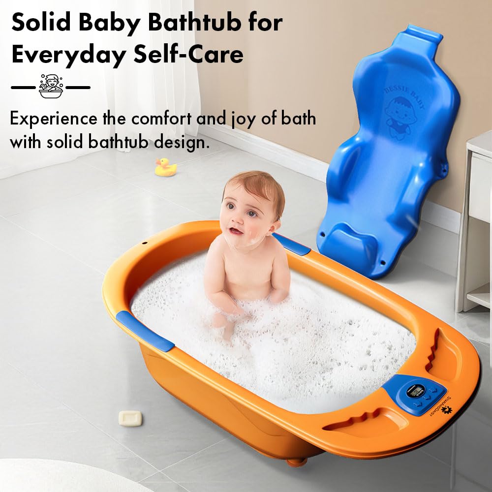 StarAndDaisy Baby Bath tub for 0 to 5 Years with Temperature Sensor/Bath Tub for Kids with Anti-Slip Legs/Bathtub for Baby with Baby Bather -Without Wheel(Orange-Blue)