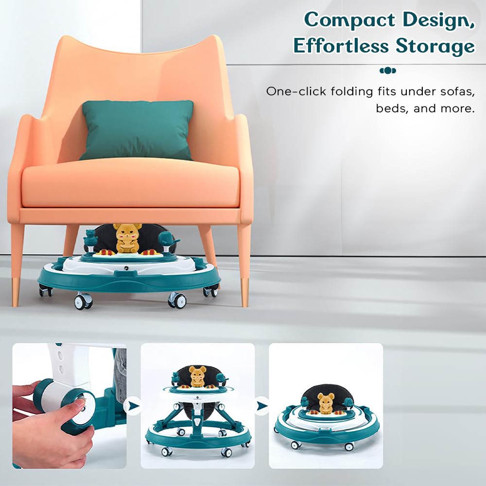 StarAndDaisy 360° Baby Walker 6-24 Months / 7 Level Height Adjustment Walker for Kids Boy and Girl with Intergrated RGB Lights, Switchable Food & Musical Toy Tray/Premium Baby Activity Walker with Parent Rod-Blue
