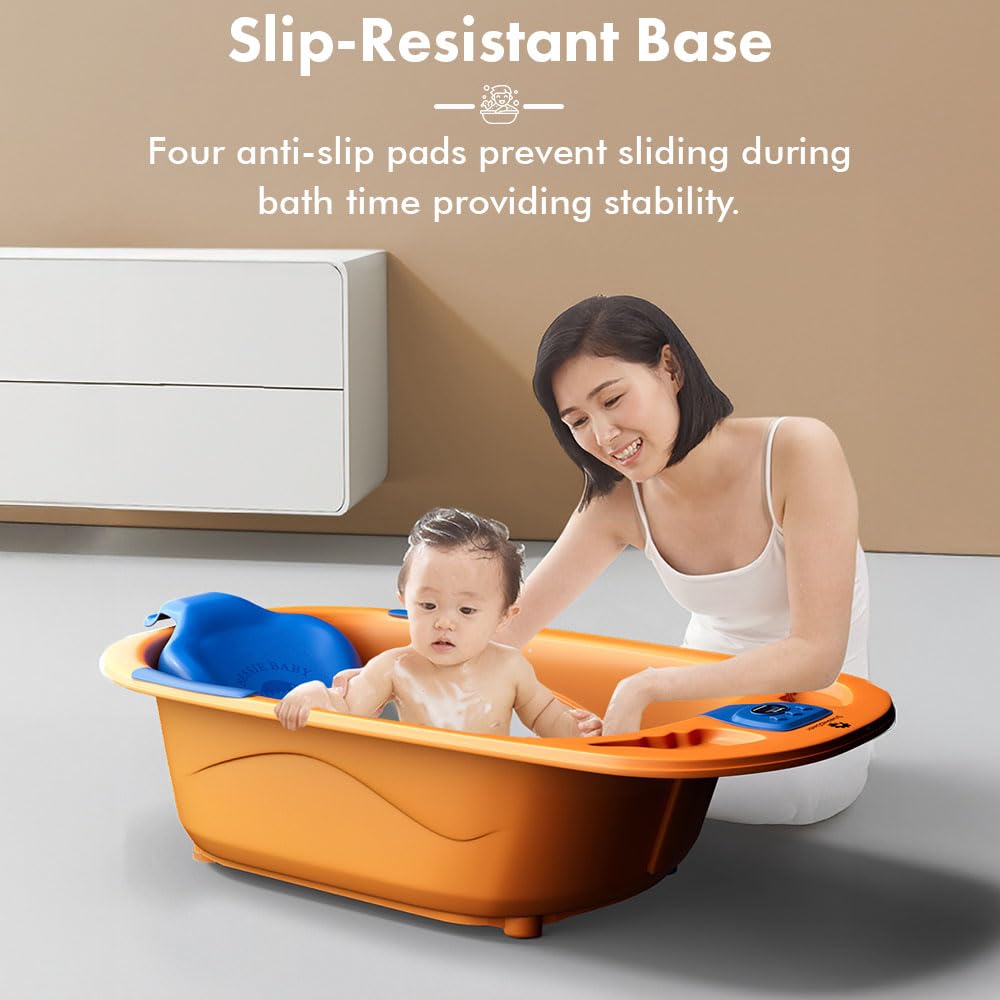 StarAndDaisy Baby Bath tub for 0 to 5 Years with Temperature Sensor/Bath Tub for Kids with Anti-Slip Legs/Bathtub for Baby with Baby Bather -Without Wheel(Orange-Blue)