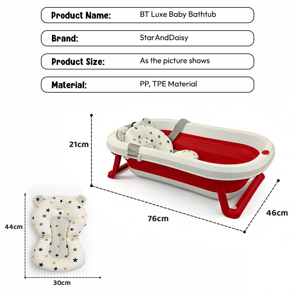 StarAndDaisy Bath Tub for Baby 0-3 Years/Foldable Bath tub for Kids with Cushion, Space Saving Design, Newborn Baby Folding Bathing Tub Girls & Boys, Easy to Store -Red