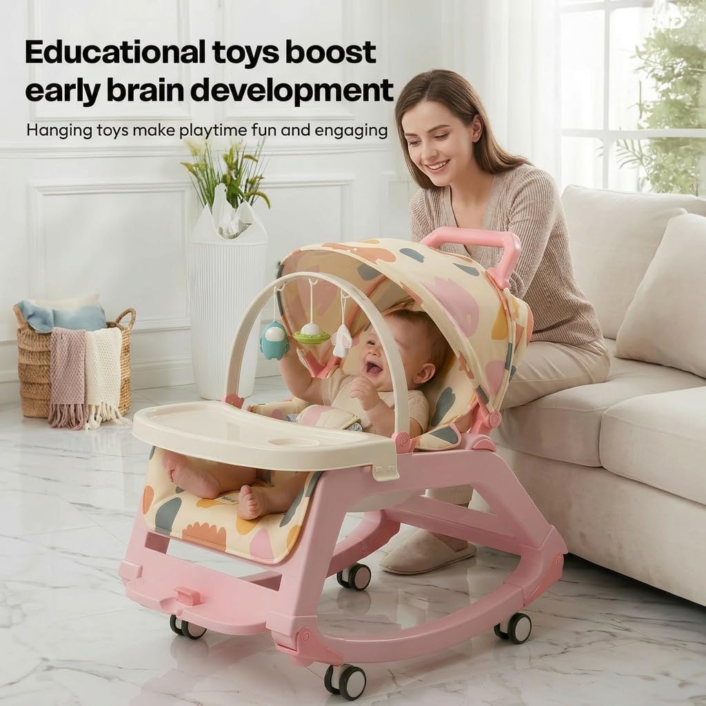 StarAndDaisy 5-in-1 Baby Rockers for 0 to 2 Years, Baby Multi Functional Rocker chair for Babies, Infants & Toddler with Removable Mattress, Swing & Bouncer/Cradle with adjustale Canopy & hanging toys - Pink