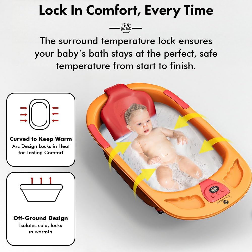 StarAndDaisy Baby Bath Tub for 0 to 5 Years/Bath Tub for Kids 0-3 Years/Infants Bathtub with Temperature Censor & Baby Bath Seat/Sling, Antislip Baby Bath Tub with Bath Chair (Orange & Red)