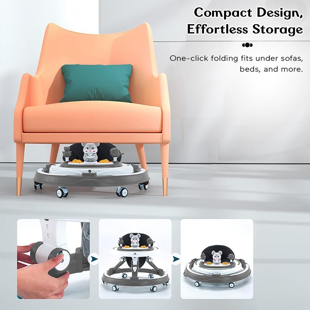 StarAndDaisy 360° Baby Walker 6-24 Months / 7 Level Height Adjustment Walker for Kids Boy and Girl with Intergrated RGB Lights, Switchable Food & Musical Toy Tray/Premium Baby Activity Walker with Parent Rod-Grey