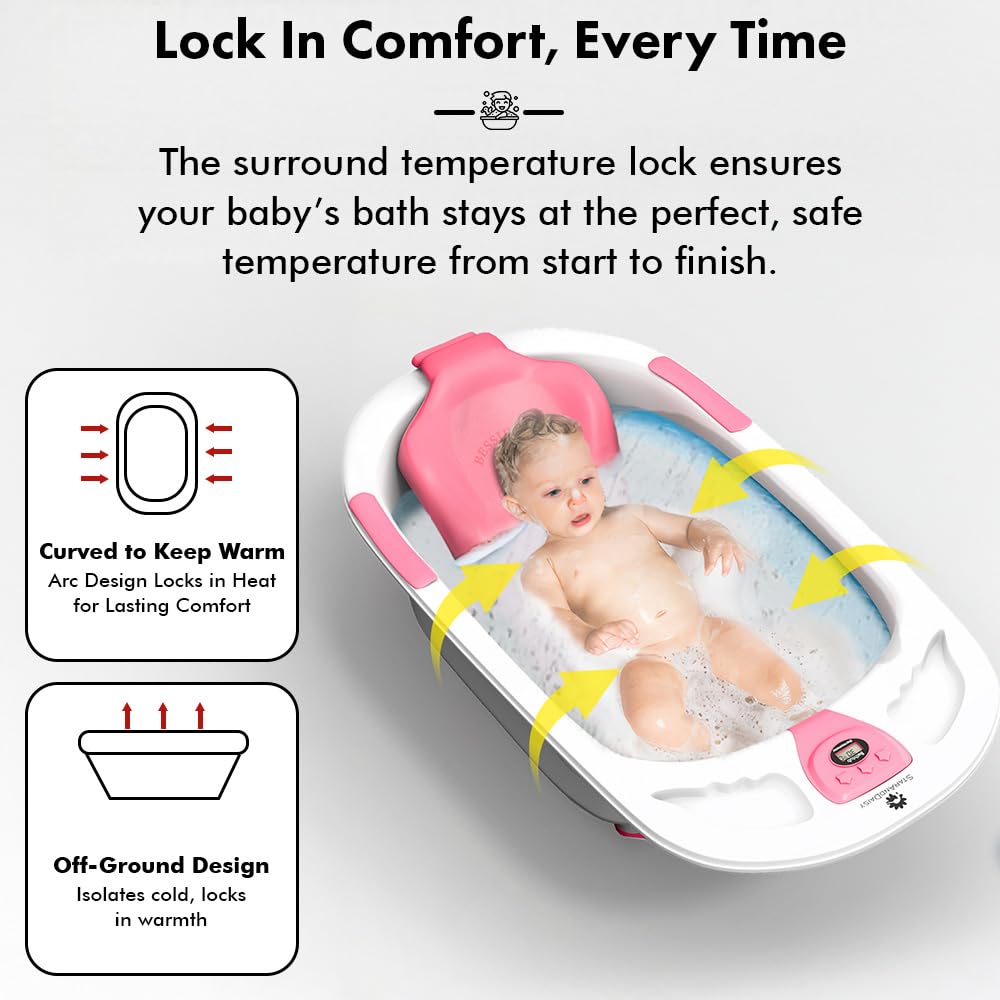 StarAndDaisy Baby Bath tub for 0 to 5 Years with Temperature Sensor/Bath Tub for Kids with Anti-Slip Legs/Bathtub for Baby with Baby Bather Without Wheel(White-Pink)