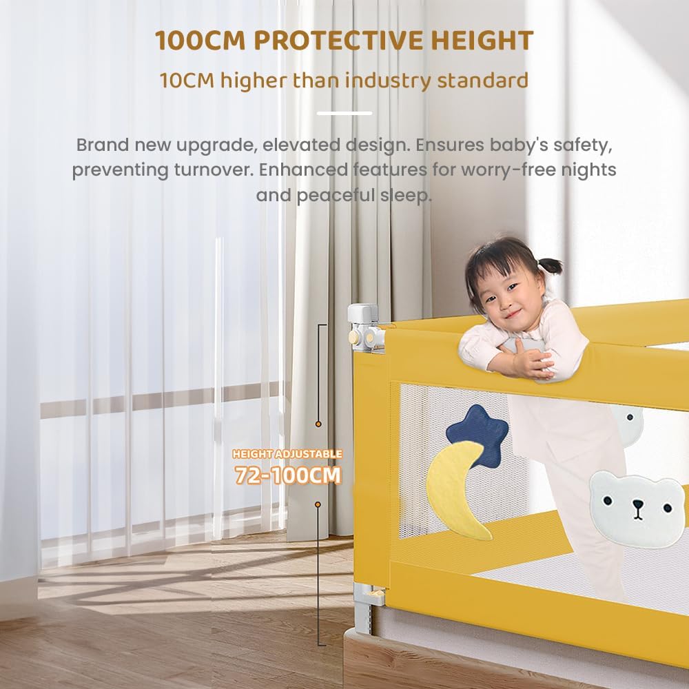 StarAndDaisy Bed Guard Rail for Baby/Kids with U-Full Body Support Frame, Height Adjustable/Portable Single Side Bed Rail for Toddler's Safety (Embroidered Yellow - 1.8M)