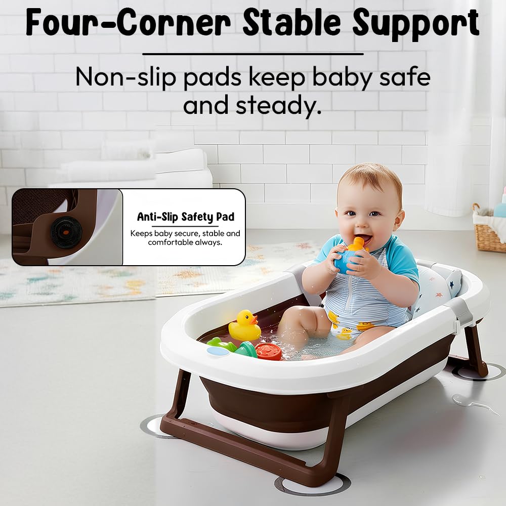 StarAndDaisy Bath Tub for Baby 0-3 Years/Foldable Bath tub for Kids with Cushion, Space Saving Design, Newborn Baby Folding Bathing Tub Girls & Boys, Easy to Store -Brown
