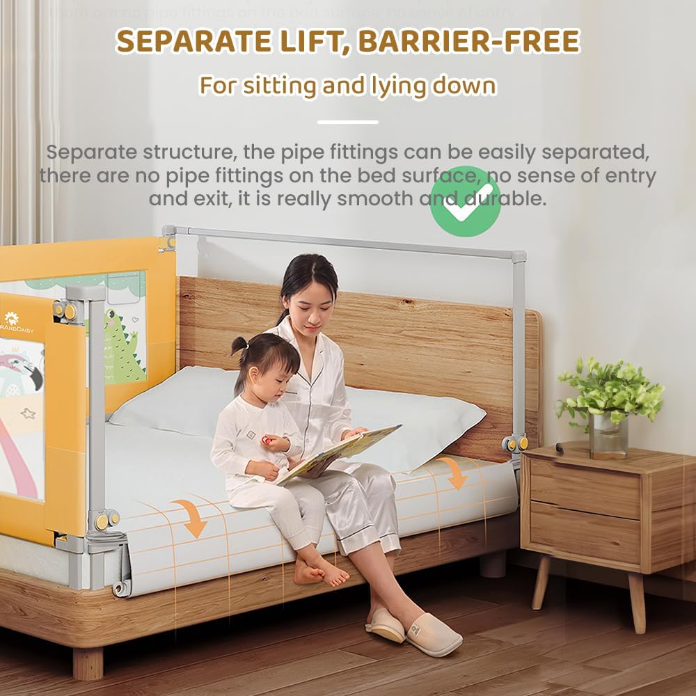 StarAndDaisy Bed Guard Rail for Baby/Kids Safety with T-Body Support Frame, Adjustable Height/Portable Single Side Bed Rail for Infant & Toddler's Safety (Printed Yellow-1.5 M)