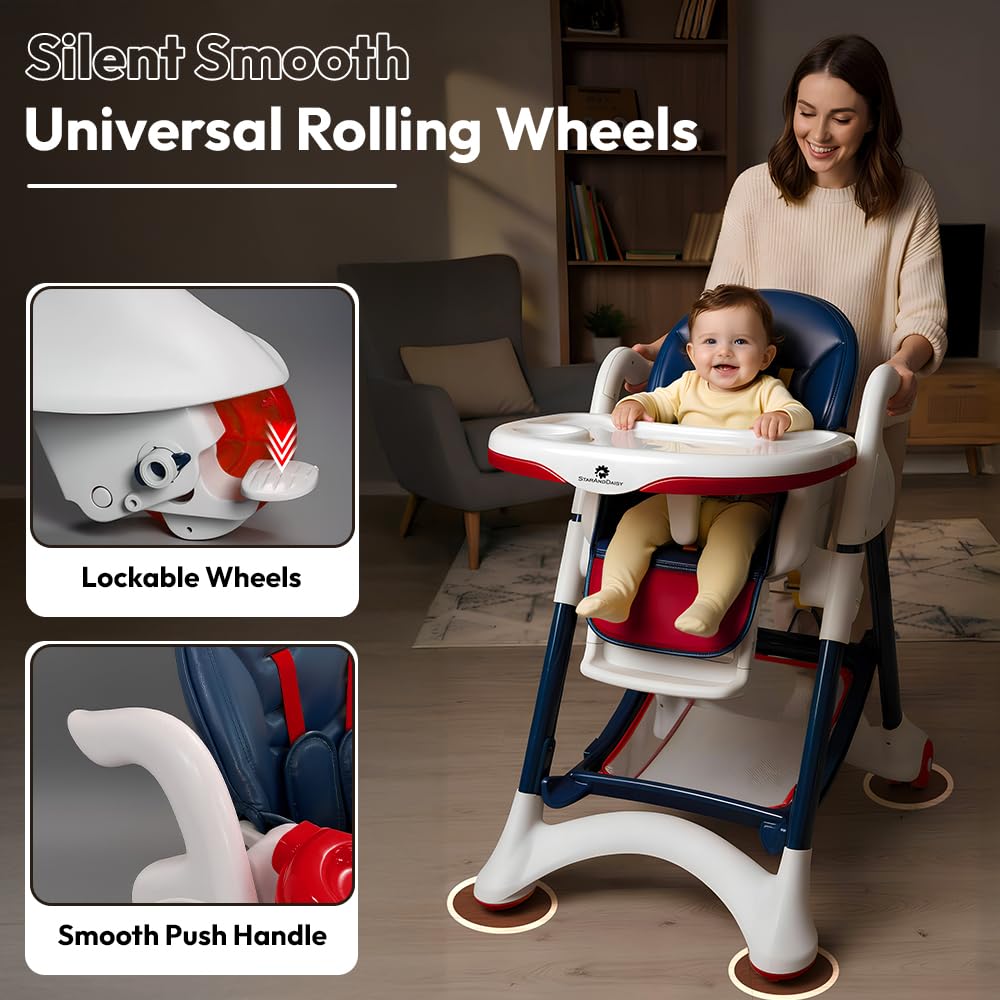 StarAndDaisy Premium Feeding Chairs 6 Months to 3 Year/ High Chair for Baby with Premium Leather Cushion / Baby Chair with 5 Level Seat & Foot Rest Adjustmnet, Height Adjustable, Detachble food Tray, One Click Foldable (Red & Blue)