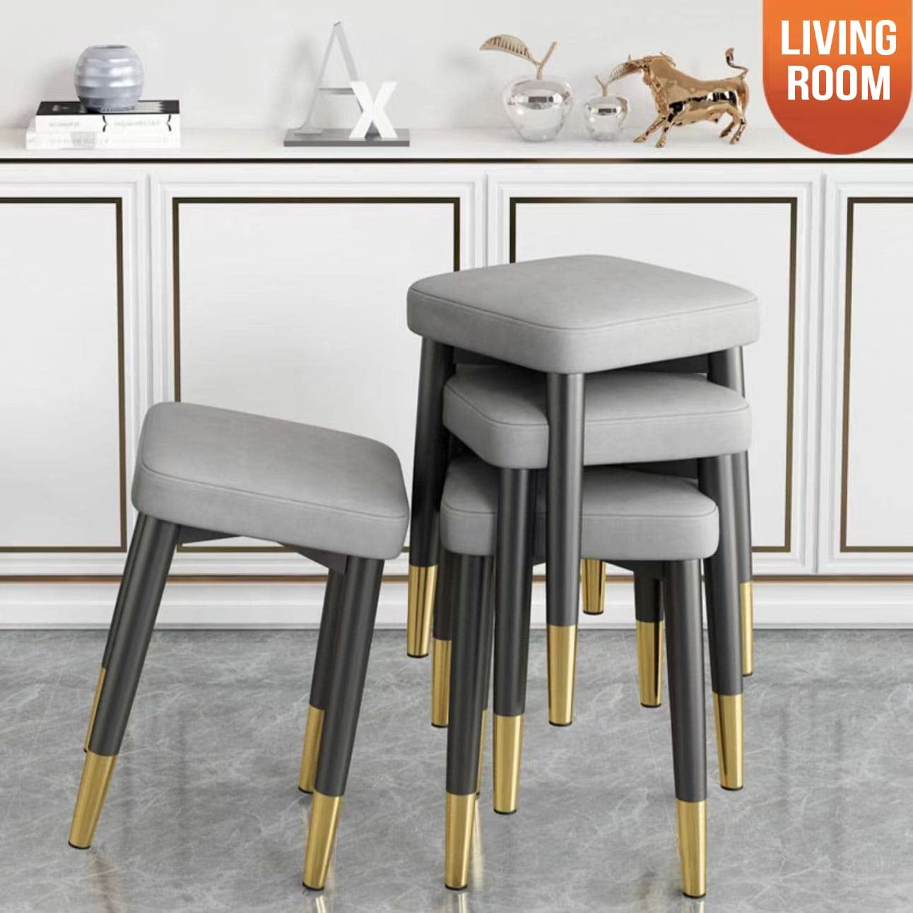 StarAndDaisy Light Luxury Dining Chair, Stackable Simple Modern Dining Table and Stool, Black Gold Leg Leather Stool, Suitable for Dining Room and Bedroom (Grayish.)