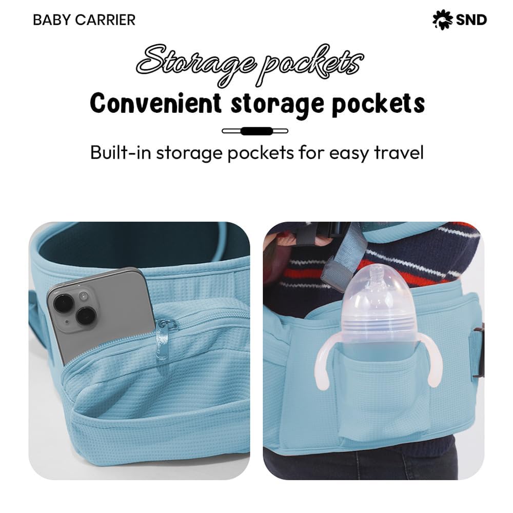 StarAndDaisy 4-in-1 Baby Carrier for 0 to 3 Year Baby/Kangaroo Bag with Comfortable Soft Hip Seat/Baby Carrier - 4 Carrying Positions with 2 Storage Pockets - Blue (4-in-1 Light Blue)