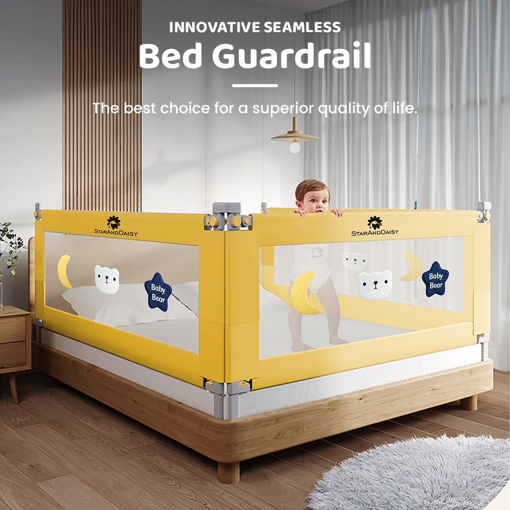 StarAndDaisy Bed Guard Rail for Baby/Kids with U-Full Body Support Frame, Height Adjustable/Portable Single Side Bed Rail for Toddler's Safety (Embroidered Yellow - 1.8M)