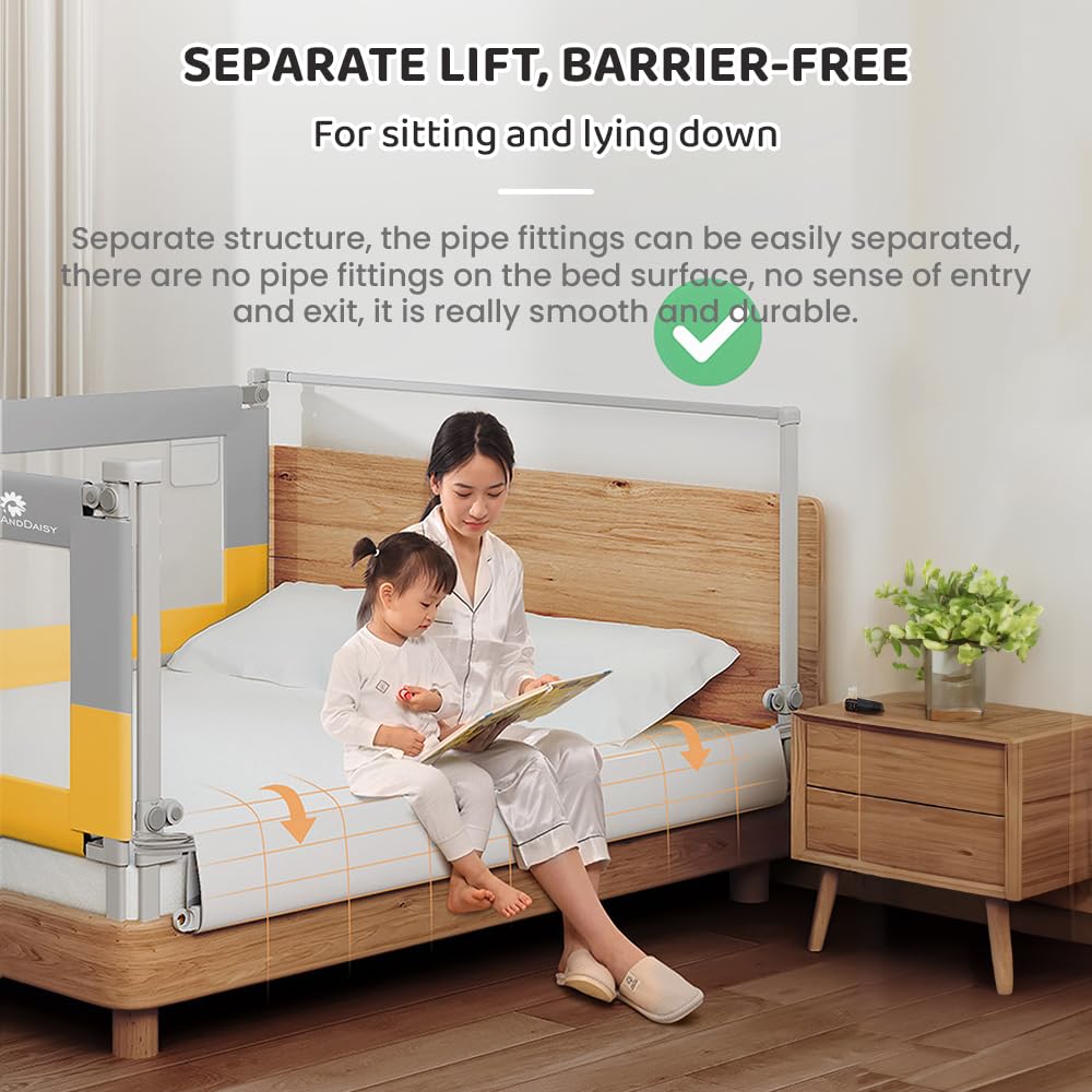 StarAndDaisy Alloy Steel Baby Bed Guard Rail with T- Body Support Frame, Adjustable Height/Portable Single Side Bed Rail for Infant & Toddler's Safety (Grey &Yellow-1.8 M)