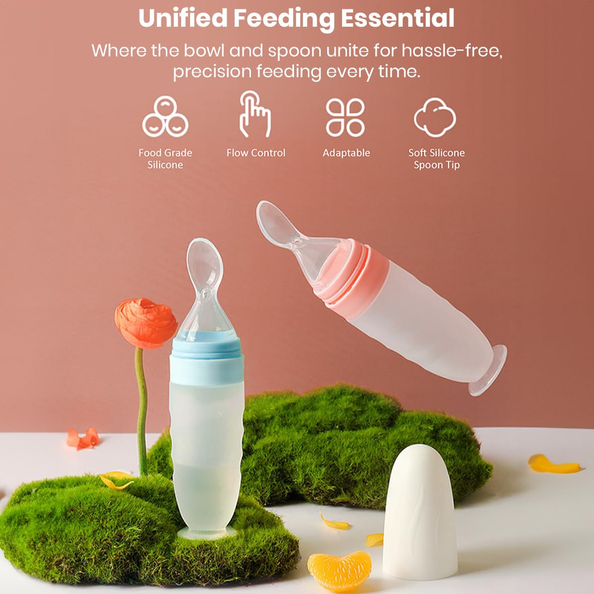 StarAndDaisy Squeeze Spoon +4 Month Baby, BPA Freen Premium Baby Food Feeder Squeeze Spoon with Leak Proof Sheet Cover, 90ML Bottle, Soft Silicone Tip- Pink