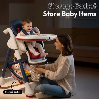 StarAndDaisy Premium Feeding Chairs 6 Months to 3 Year/ High Chair for Baby with Premium Leather Cushion / Baby Chair with 5 Level Seat & Foot Rest Adjustmnet, Height Adjustable, Detachble food Tray, One Click Foldable (Red & Blue)