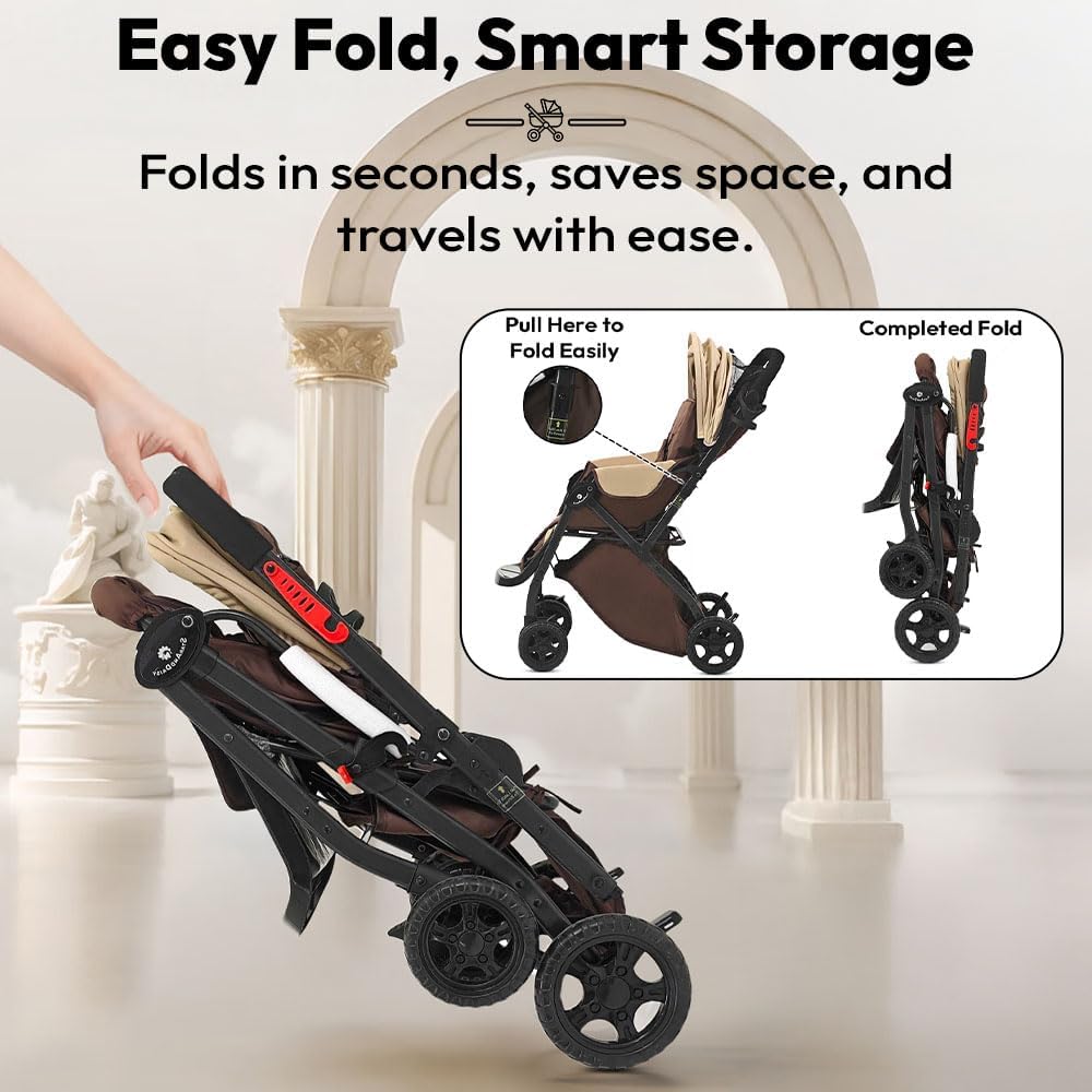StarAndDaisy Foldable Stroller for Baby 0-3 Years Infant & Toddler / Travel Pram for Baby with Adjustable Canopy & Footrest with Lockable Wheels, Multi-Level Recline , Removable Tray , Safety Harness Belt - Grey