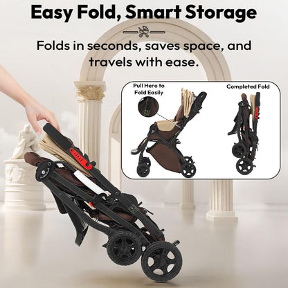 StarAndDaisy Foldable Stroller for Baby 0-3 Years Infant & Toddler / Travel Pram for Baby with Adjustable Canopy & Footrest with Lockable Wheels, Multi-Level Recline , Removable Tray , Safety Harness Belt - Grey