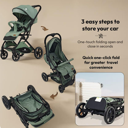 StarAndDaisy Foldable Stroller for Baby 0-3 Years Infant & Toddler / Travel Pram for Baby with Storage basket & Lockable Wheels, Multi-Level Recline & Adjustable Footrest, Removable Tray , Safety Harness Belt -Green