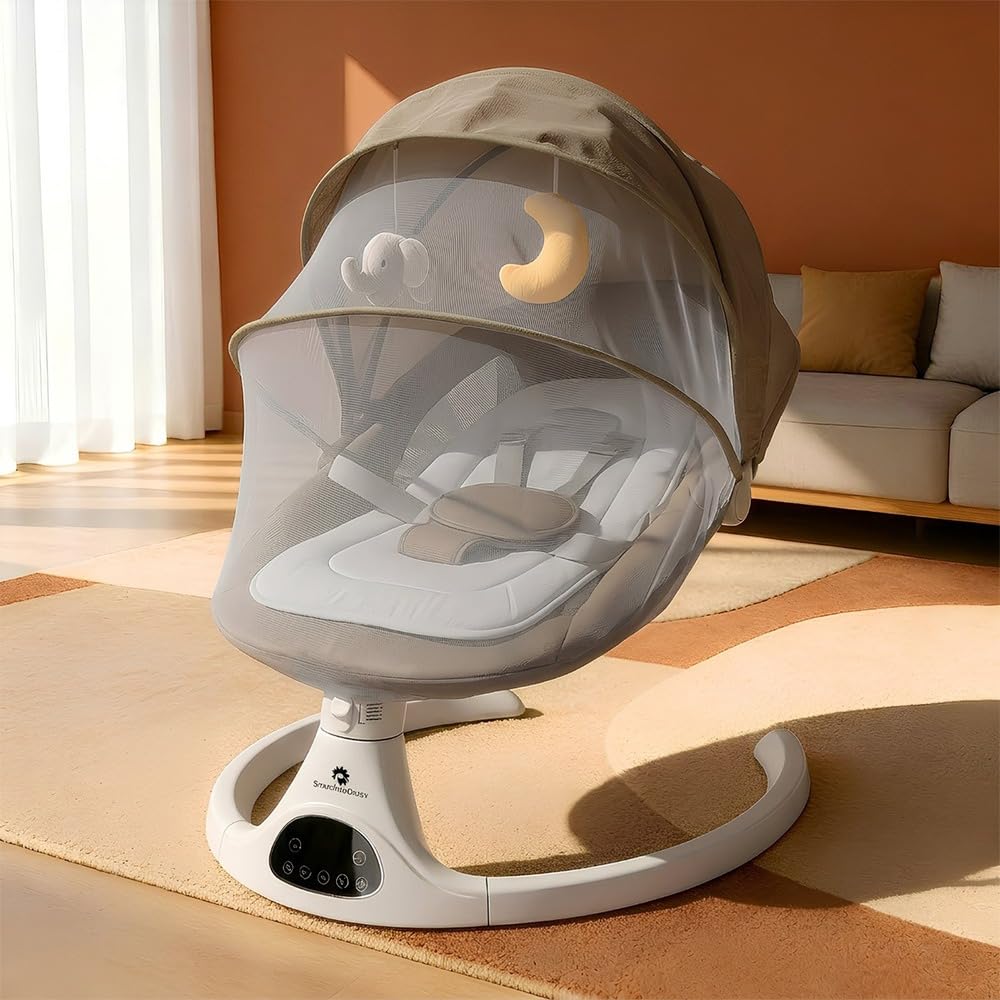 StarAndDaisy baby rockers for 0 to 2 years, Baby Multi functional rocker for babies, Infants & Toddler with mattress, 5-level Automatic Swing & Bouncer/ cradle with touch panel & hanging toys (601-Beige)