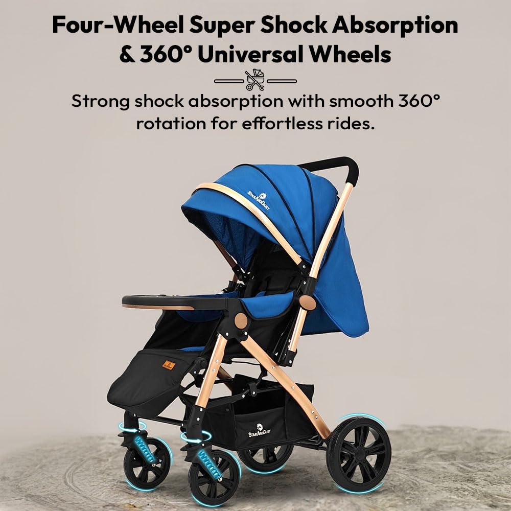 StarAndDaisy Foldable Stroller for Baby 0-3 Years Infant & Toddler / Travel Pram for Baby with Suspension & Lockable Wheels, Multi-Level Recline & Adjustable Footrest & Canopy, Removable Tray , Safety Harness Belt -Blue