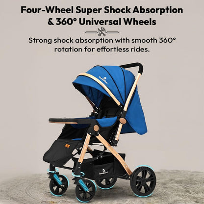 StarAndDaisy Foldable Stroller for Baby 0-3 Years Infant & Toddler / Travel Pram for Baby with Suspension & Lockable Wheels, Multi-Level Recline & Adjustable Footrest & Canopy, Removable Tray , Safety Harness Belt -Blue