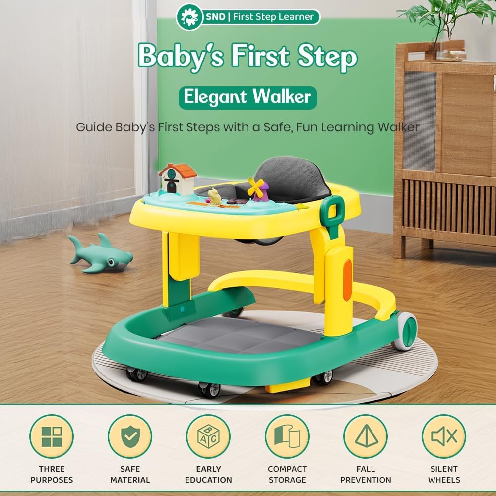 StarAndDaisy Elegant Baby Walker 6-18 months/Walker For Kids With Anti Fall Brake Pads,3 Speed Height Adjustment,Multi-Level Seat Adjustment,Recreational Music Toy Bar (Elegant Yellow & Green)