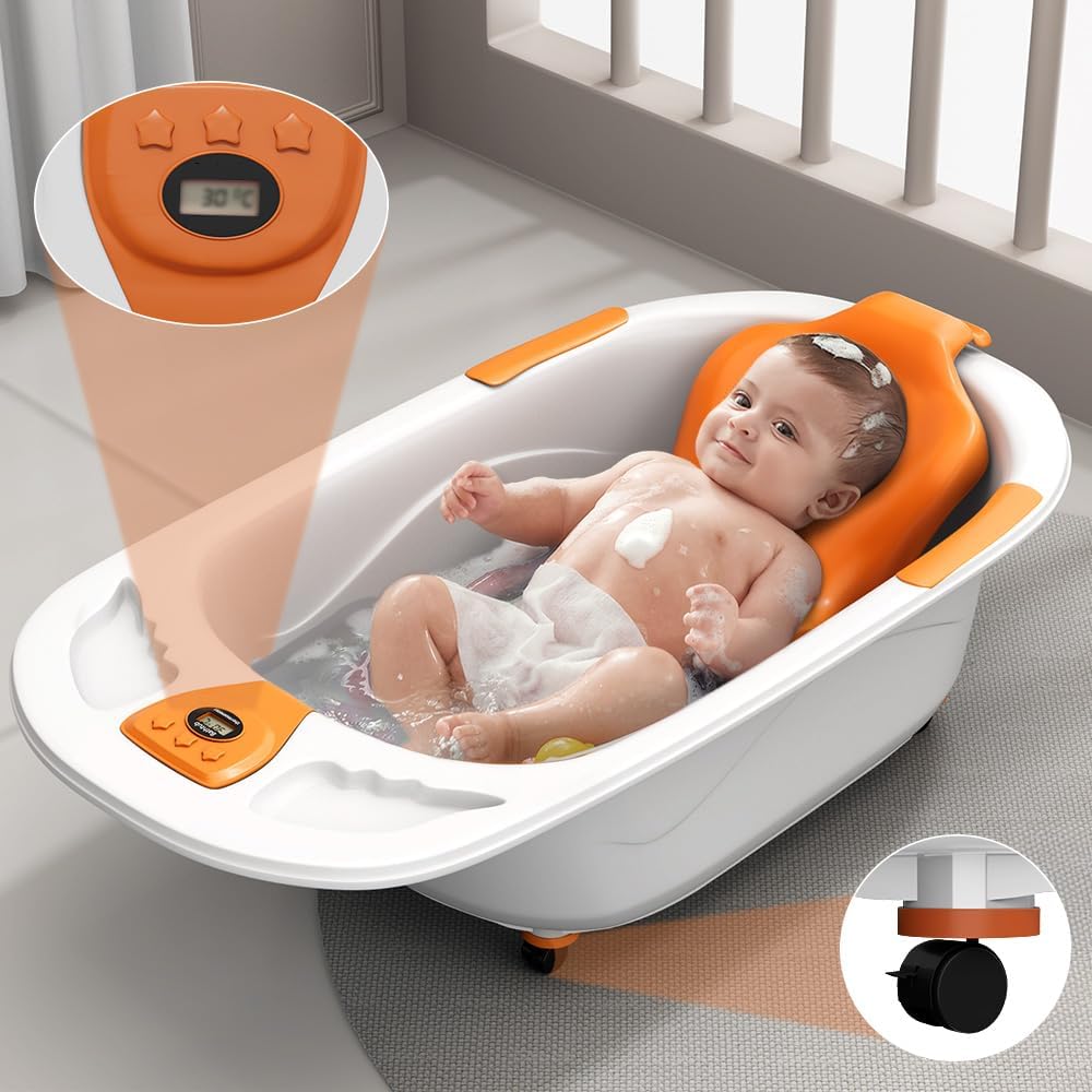 StarAndDaisy Baby Bath Tub for 0 to 5 Years/Bath Tub for Kid 0-3 Years/Infants Bathtub with Temperature Censor & Baby Bath Sling/seat, Antislip Baby Bath tub with Bath Chair (White-Orange)