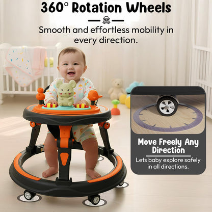 StarAndDaisy Baby Walkers for 9+, 6-24 Month Baby boy & Girl 360° Walker for Kids for 6-24 Months with 7 Level Height Adjustment, Baby Walker with Switchable Food & Musical Toy Tray -Orange Black