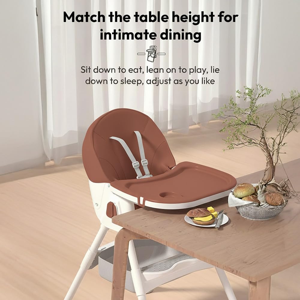 StarAndDaisy High Chair for Baby 6 Months to 5 Years/Adjustable Height Feeding Chair with 4 Reclining Seat Positions, Double Food Tray, Foldable Design & Wheels/High Chair for Baby - Coffee