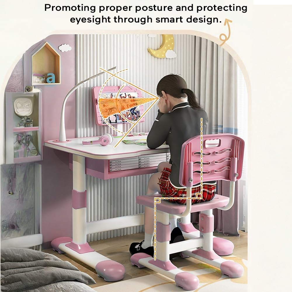 StarAndDaisy Study Table for Kids 5-12years Boys Girls, Multi-Functional Study Table for Kids | Adjustable Angle Table with Storage (Pink)
