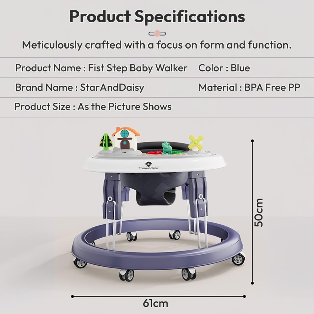 StarAndDaisy Walker for Kids 6 to 24 Months/Baby Walker Boys & Girls with 360° Rotational Wheels, Toy Tray & Padded Seat/Foldable Walker for Kids for 1 Year with Adjustable Height -Blue