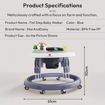 StarAndDaisy Walker for Kids 6 to 24 Months/Baby Walker Boys & Girls with 360° Rotational Wheels, Toy Tray & Padded Seat/Foldable Walker for Kids for 1 Year with Adjustable Height -Blue
