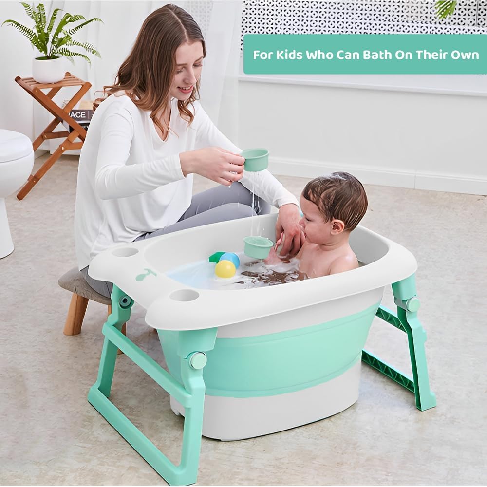 StarAndDaisy Baby Bath tub for Infant & Toddler 0 to 5 Years, 2-in-1 Bathub for Kids, Foldable tub with Cushion & Bathing Chair for Boys & Girls, Fast Drainage & Space Saving Design -Green
