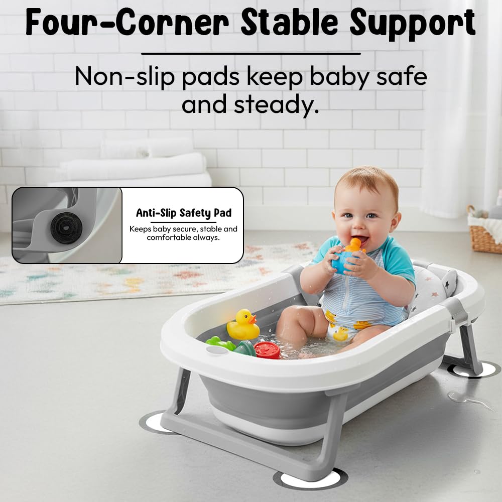 StarAndDaisy Bath Tub for Baby 0-5 Years/Foldable Bath tub for Kids with Cushion, Space Saving Design, Newborn Baby Folding Bathing Tub Girls & Boys, Easy to Store- Grey