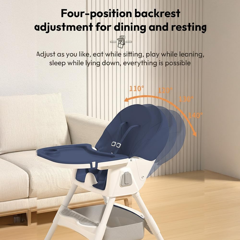 StarAndDaisy High Chair for Baby 6 Months to 5 Years/Adjustable Height Feeding Chair with 4 Reclining Seat Positions, Double Food Tray, Foldable Design & Wheels/High Chair for Baby (Blue)