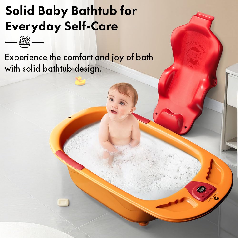 StarAndDaisy Baby Bath tub for 0 to 5 Years with Temperature Sensor/Bath Tub for Kids with Anti-Slip Legs/Bathtub for Baby with Baby Bather -Without Wheel(Orange - Red)
