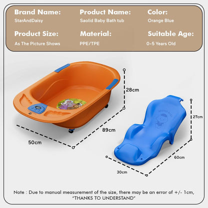 StarAndDaisy Baby Bath Tub for 0 to 5 Years/Bath Tub for Kids 0-3 Years/Infants Bathtub with Temperature Censor & Baby Bath Seat/Sling, Antislip Baby Bath Tub with Bath Chair (Orange-Blue)