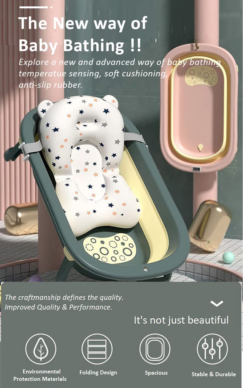 StarAndDaisy Foldable Infant Bath Tub with Smart Temperature Indication Meter, Collapsible Newborn Toddler Folding Bathing Support Bathtub with Soft Cushion for 0-3 Years Baby (Green)