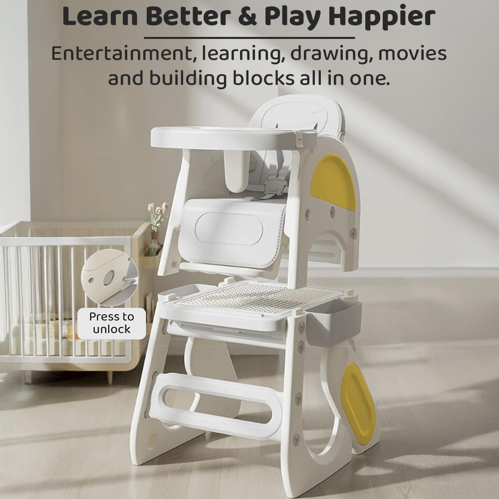 StarAndDaisy Baby high Chair for Baby Feeding Chair for 0 to 5 Years with Removable Tray, Convertible Baby High Chair to Study Table & Chair Set, 5-Point Safety Belt, Multi Backrest Position -Yellow