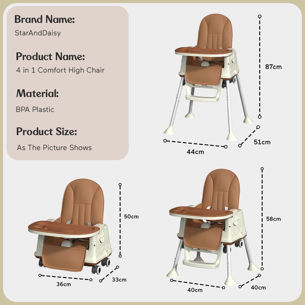 StarAndDaisy High Chair for Baby/Baby Feeding Chair for 0 to 5 Years with 4 in-1 Multifunctions/High Chair with Height Adjustable, Detachable Tray & One-Hand Adjustable - Coffee
