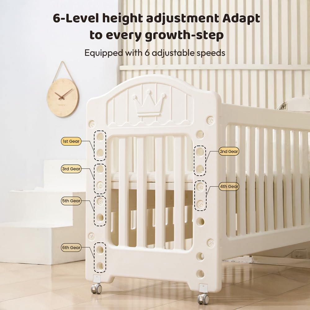 StarAndDaisy Baby Cot with Wheels / 100KG Heavy Duty PP Baby Crib/Waterproof & Termite Resistant/BPA-Free Newborn Baby Bed/Portable Infant Sleeping Cot -White (Tiny Dreams-White)