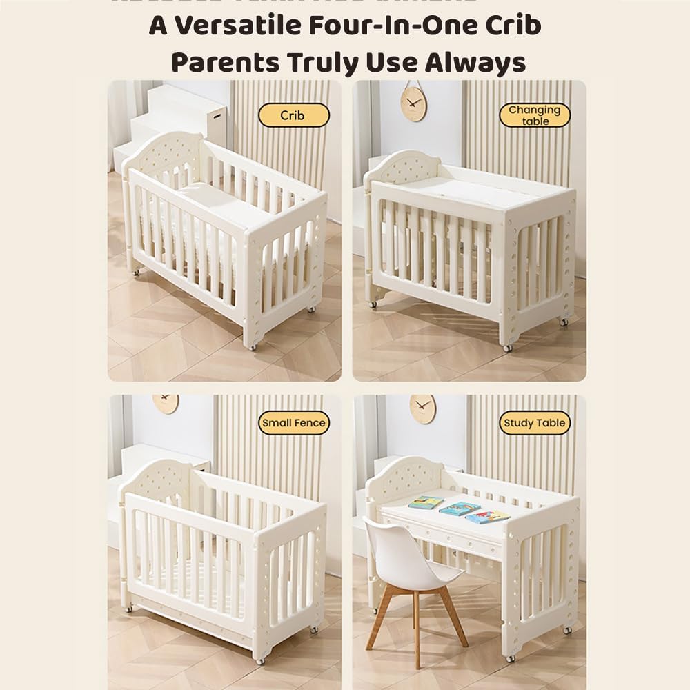 StarAndDaisy Baby Cot with Wheels / 100KG Heavy Duty PP Baby Crib/Waterproof & Termite Resistant/BPA-Free Newborn Baby Bed/Portable Infant Sleeping Cot -White (Tiny Dreams-White)