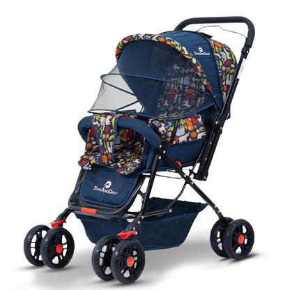 StarAndDaisy Sunrise Baby Stroller Lightweight Foldable Stroller for 0-5 Years, 3-Point Safety Harness, Adjustable Backrest, 360° Swivel Wheel, Extended Mosquito Net, Reversible Handlebar, Large Storage Basket(Delta)