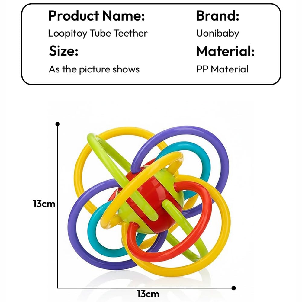 StarAndDaisy Baby Teether Tube Ball Loopi Toy and Rattle/Grab, Chew, and Shake Teething Rattle Toy/Plastic Center for Easy Cleaning and No Exposed Screws/Infant Safe for Plus 0 Months