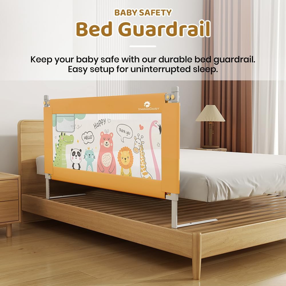 StarAndDaisy Bed Guard Rail for Baby/Kids Safety with T-Body Support Frame, Adjustable Height/Portable Single Side Bed Rail for Infant & Toddler's Safety (Printed Yellow-1.5 M)