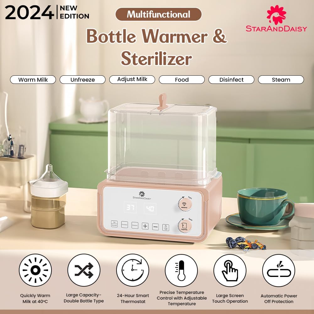 StarAndDaisy Sterilizer for Feeding Bottles / 6 in 1 Baby Bottle Warmer for Baby Food/ Baby Sterilizer / Warmer Machine with 24-Hour Smart Thermostat, Acutomatic Power off Protaction, Defrost Feature, Smart Touchscreen Display -Pink
